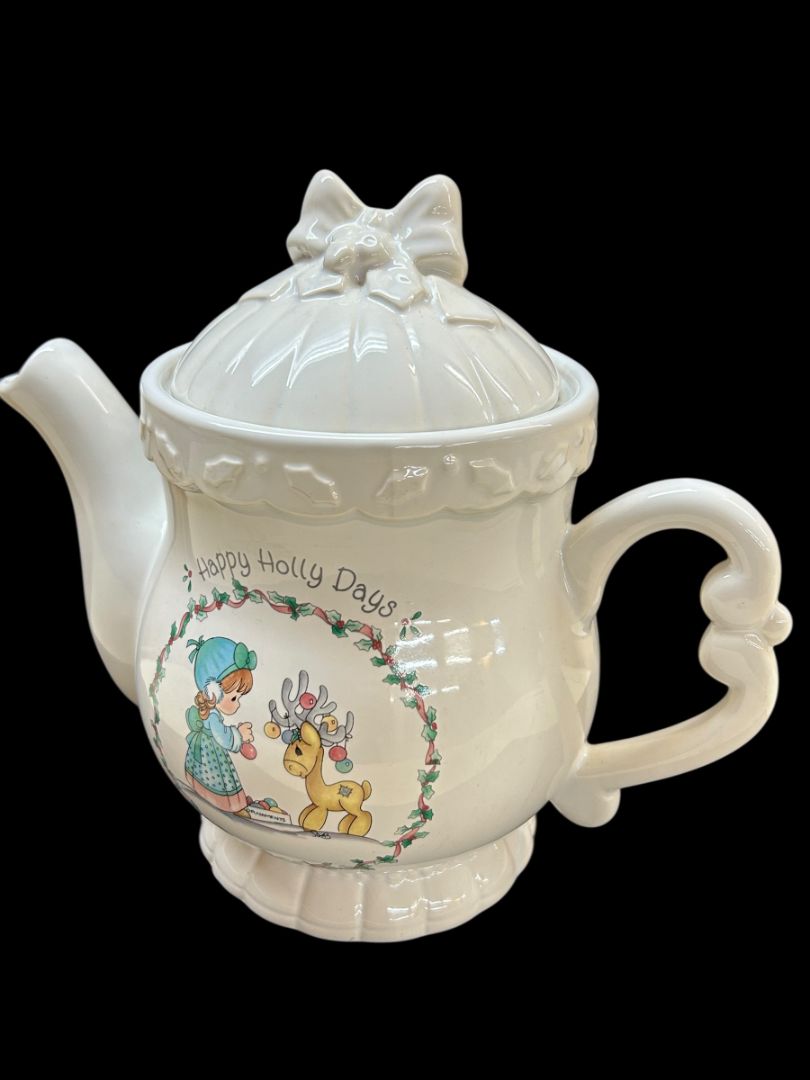 1994 Enesco Precious Moments Ceramic Teapot Happy Holly Days Holiday Christmas