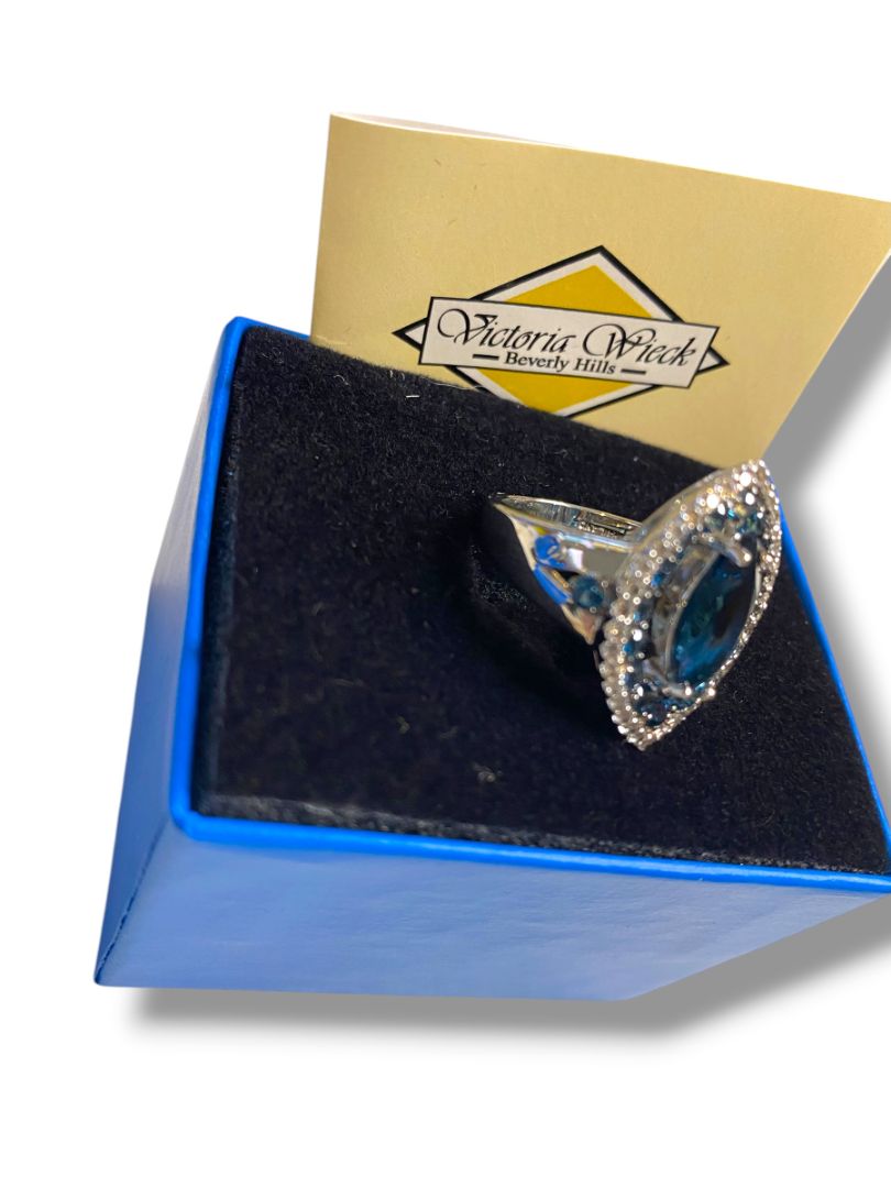 Size 6.5 Victoria Wieck Blue Topaz and CZ Sterling Silver 925 Ring in Box