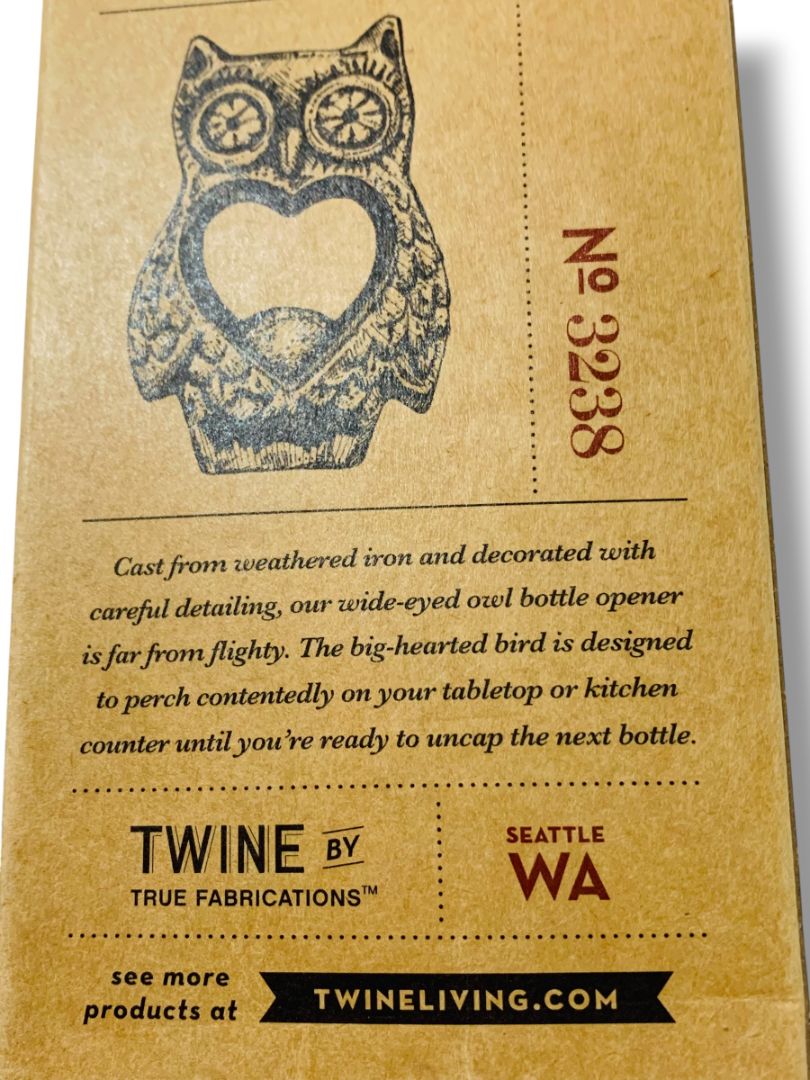 Twine Rustic Elegance Farmhouse Owl Bottle Opener New in Box 3.25"