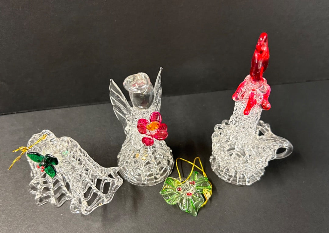Spun Glass Holiday Christmas Ornaments Set of 4 Holly Bell Angel Candle