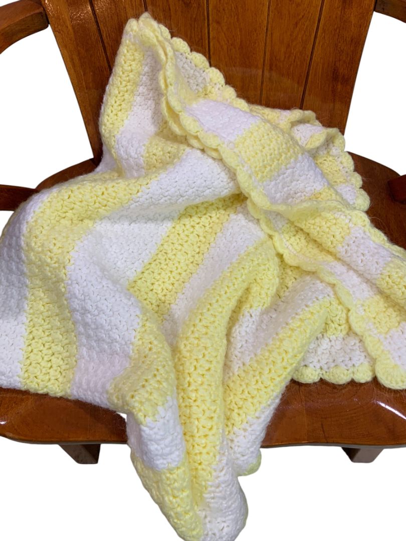 Vintage Crochet Afghan Blanket Pastel Yellow White Stripe 44" x 40"