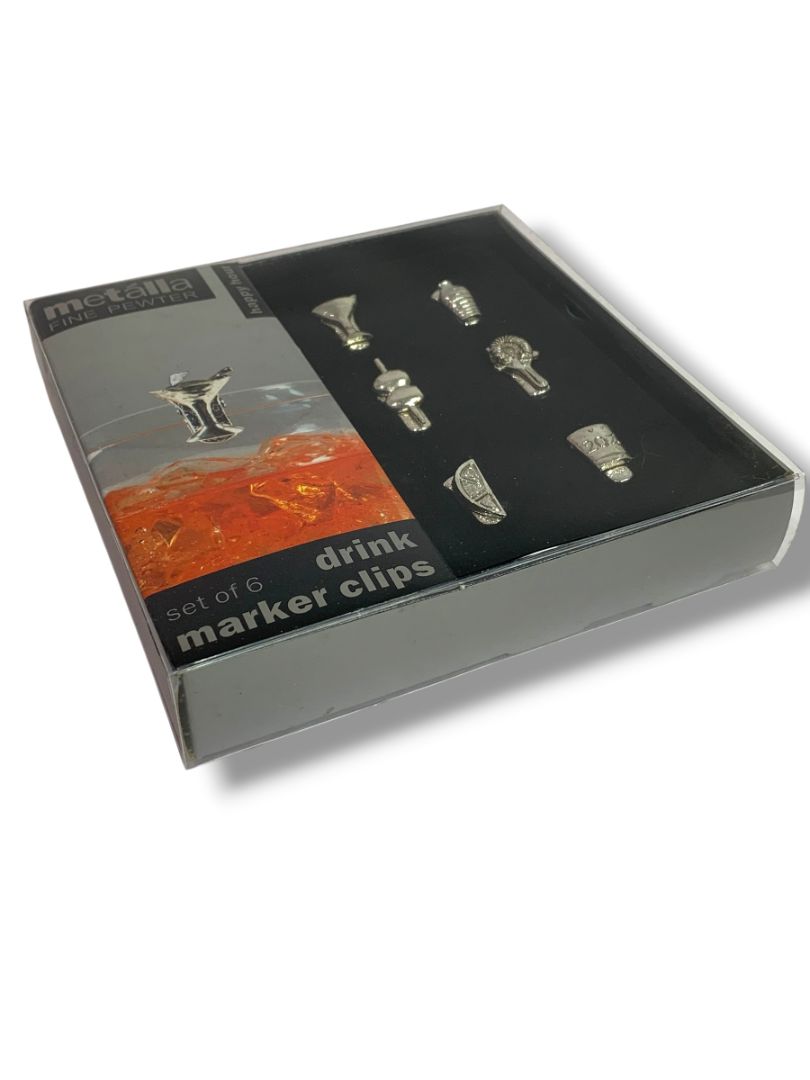 Prodyne Metalla Fine Pewter Drink Markers Set of 6 Wine Charms New