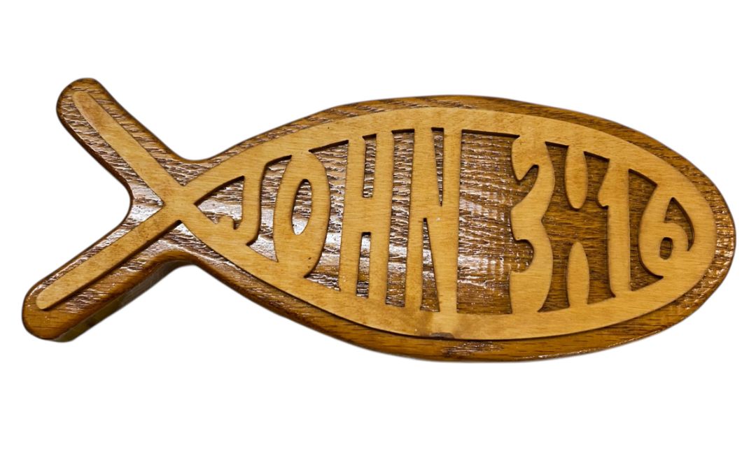 Wooden Ichthys Jesus Fish Wall Hanging John 3:16 11.5" Lasercut