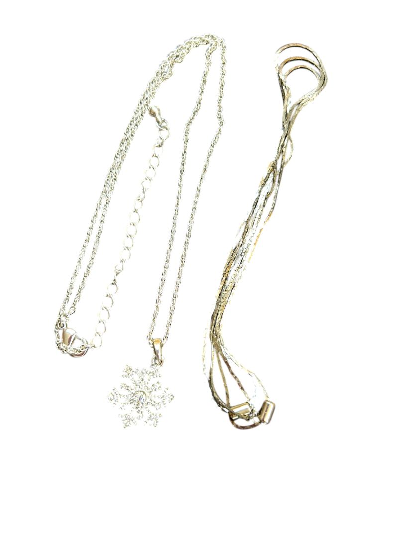 2 Silvertone Chain Necklaces Snowflake Sparkle Pendant 17-20" Adjustable Slide Pull 29"