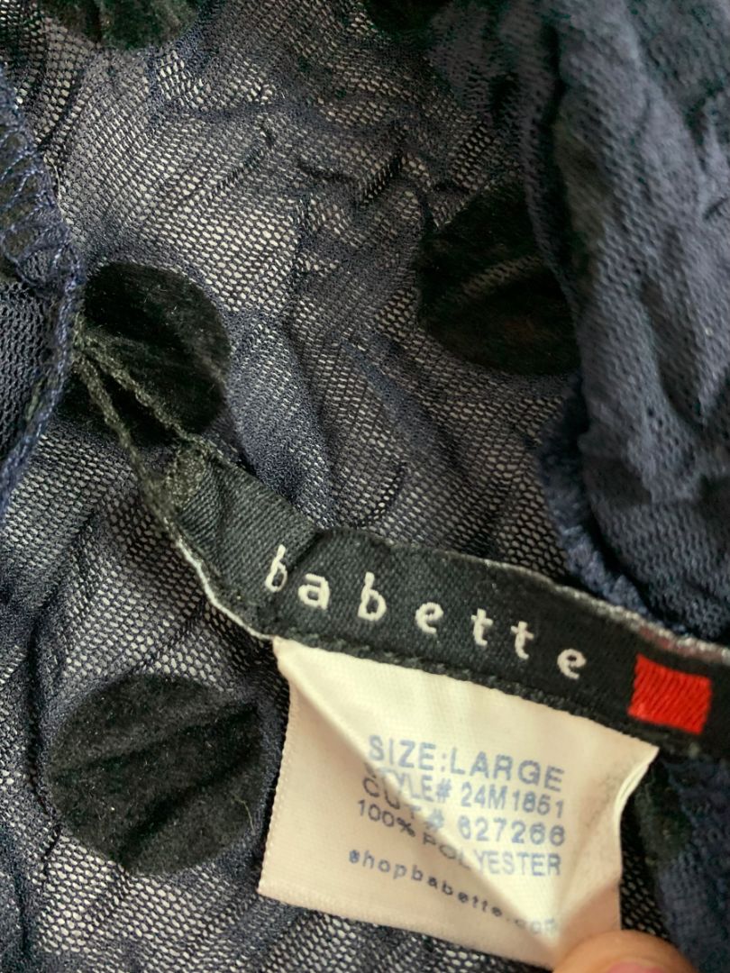 Large Babette Womens Sheer Pullover Shirt Navy Blue Black Polka Dots