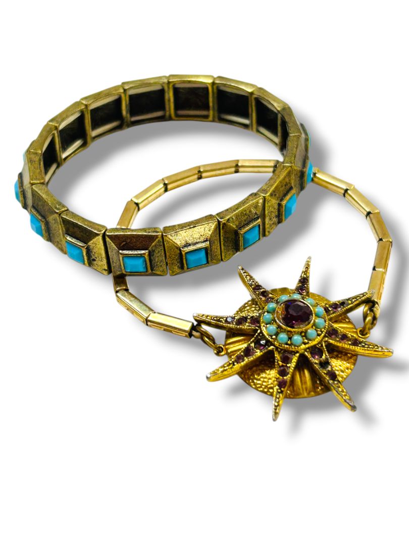 Set of 2 Goldtone Stretch Bracelets Faux Turquoise Starburst Retro Style