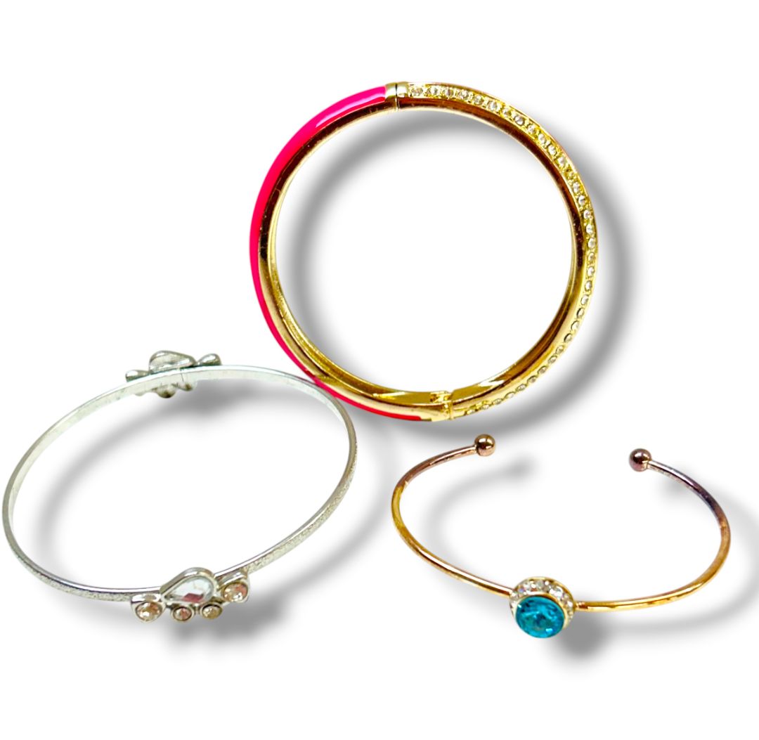 Lot of 3 Assorted Bangle Bracelets Hot Pink Silvertone Goldtone