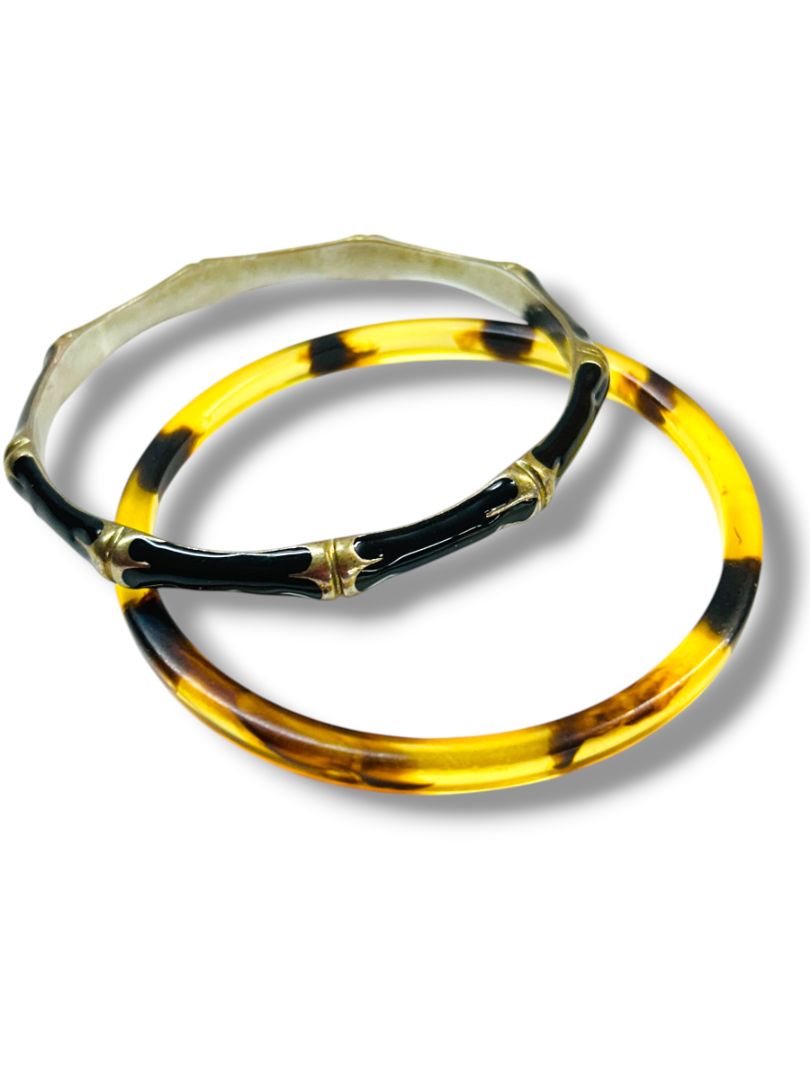 Lot of 2 Bangle Bracelets Black Goldtone Enameled Bamboo Acrylic Tortoise