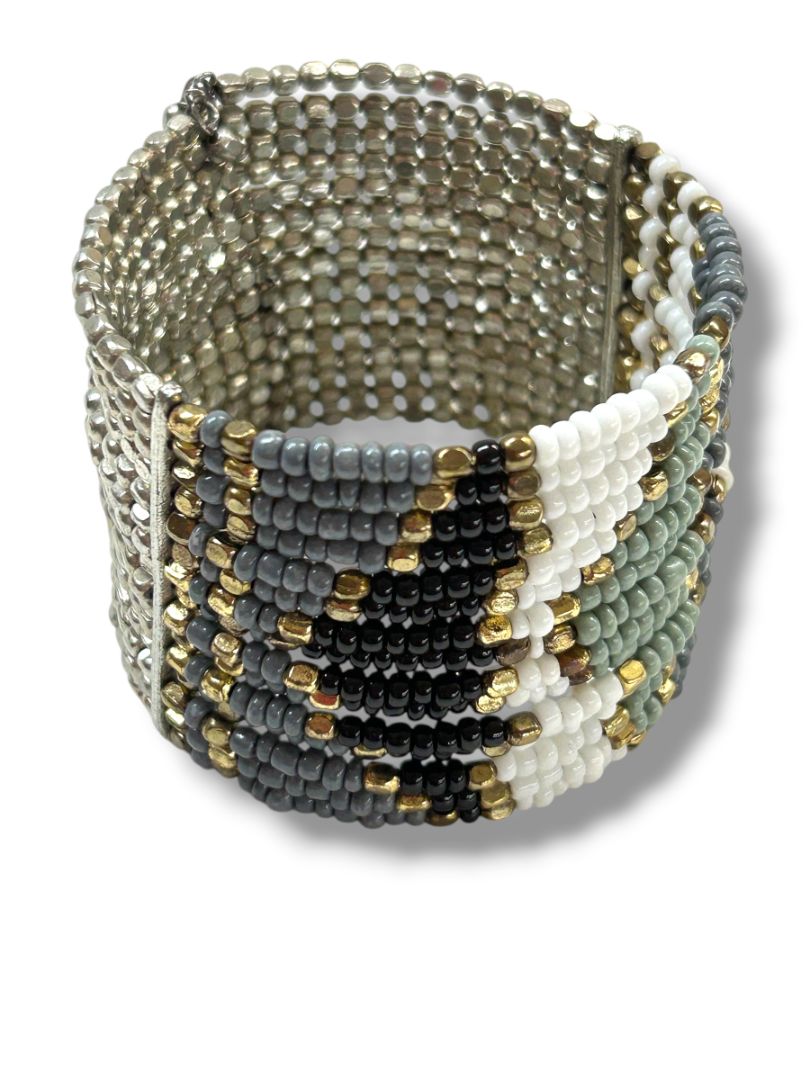 Beaded Cuff Bracelet Adjustable Goldtone Gray Silvertone Green 2" Wide