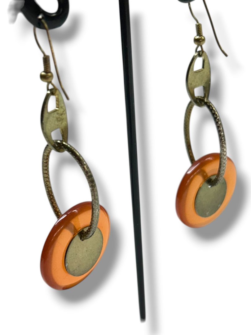 Boho Amber Color Circle Fishhook Pierced Earrings Silvertone 2.75"