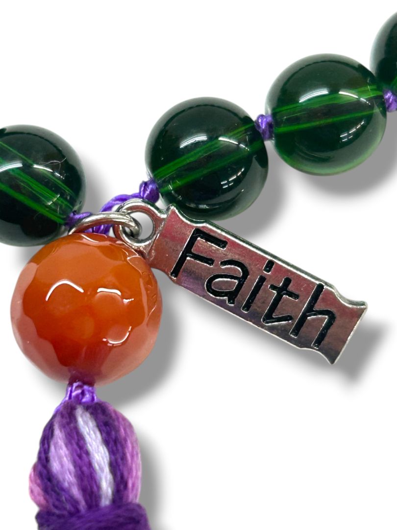 Green Hand Knotted Prayer Beads Purple Tassel Faith Charm Chant Mantra