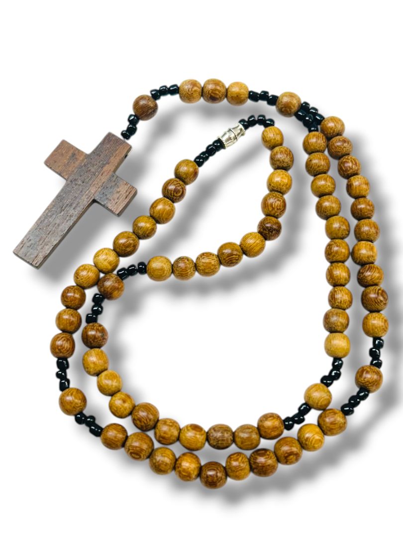 Vintage Wooden Prayer Bead Cross Necklace Barrel Clasp