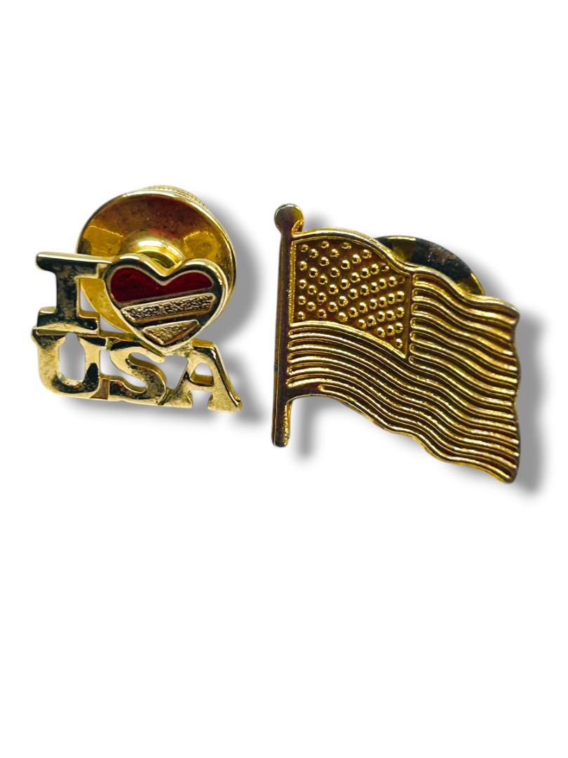 2 Goldtone Lapel Pins American Flag .75" I love USA Avon .5"