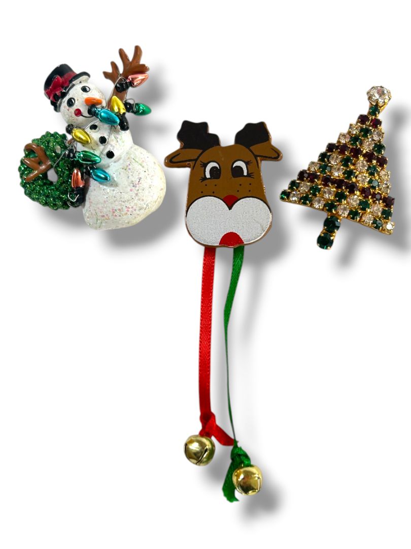 Lot of 3 Holiday Christmas Brooch Pins Snowman Reindeer Tree 1.75"
