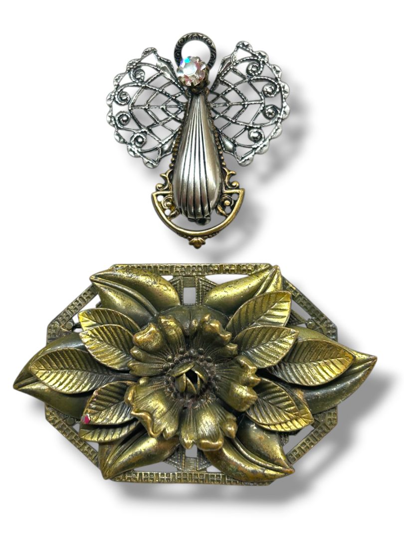 2 Brass Color Brooch Pins Rose Intricate Artsy 3" Angel Silvertone 1.8"