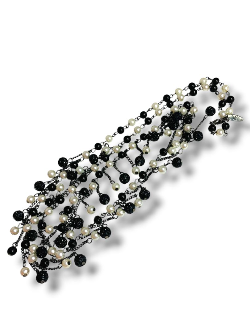 New York & Co Black Cream Beaded Necklace 36" Lobster Clasp
