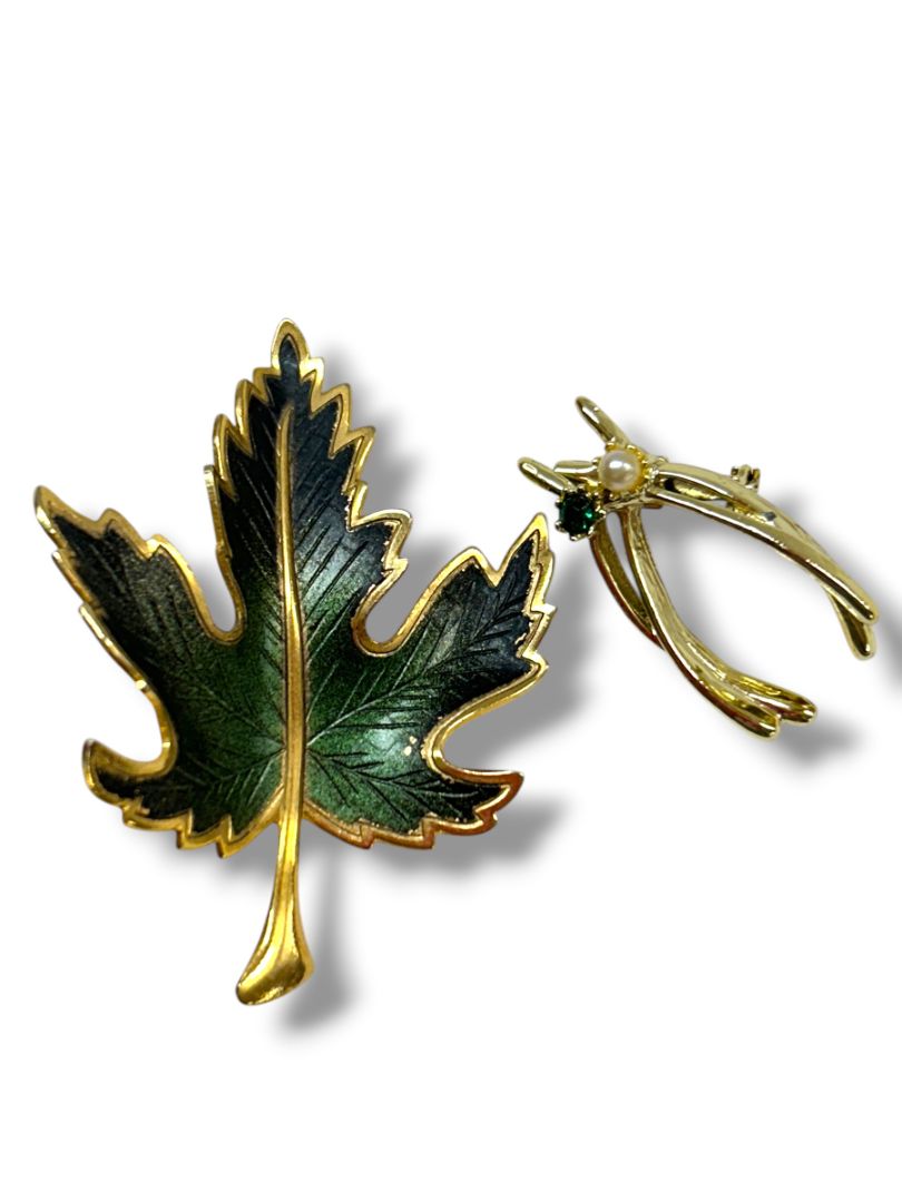 2 Brooch Pins Goldtone Leaf 1.25" Wishbone 1.25"
