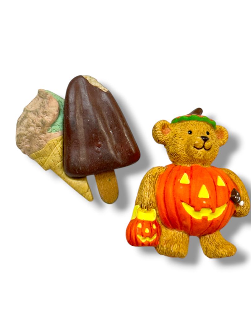2 Resin Brooch Pin Teddy Bear Halloween 1.75" Popsicle Ice Cream 1.5"