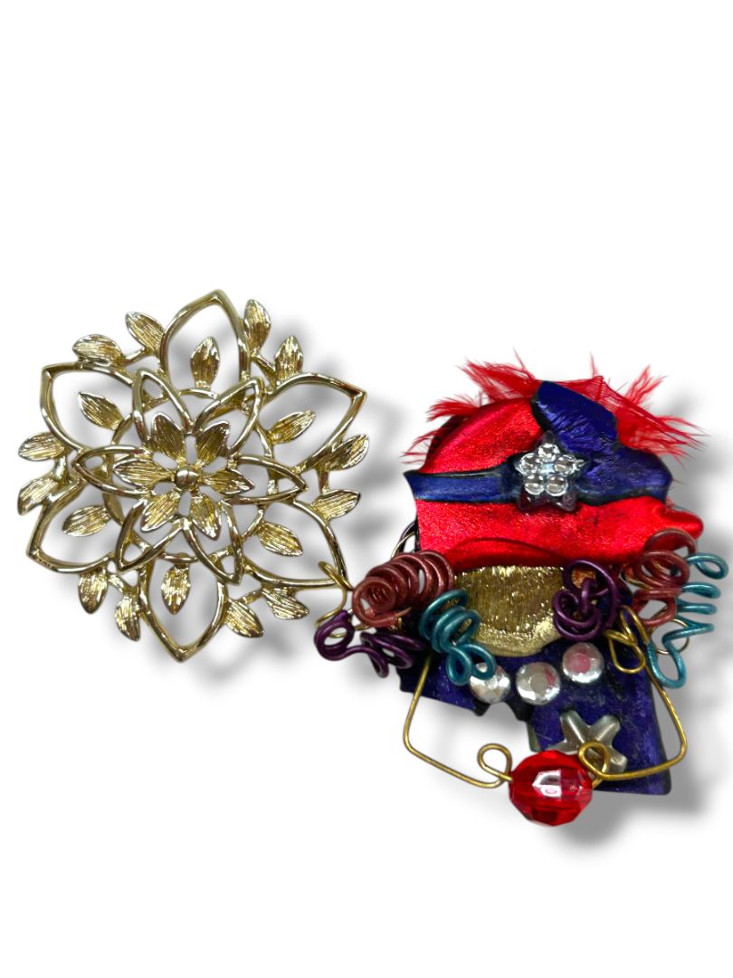 2 Brooches Pins Goldtone Floral 1.6" Red Hat Artsy Mixed Media 2"