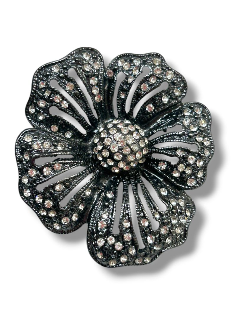 Pewter Color Statement Brooch Pin Flower Rhinestones 2.25"