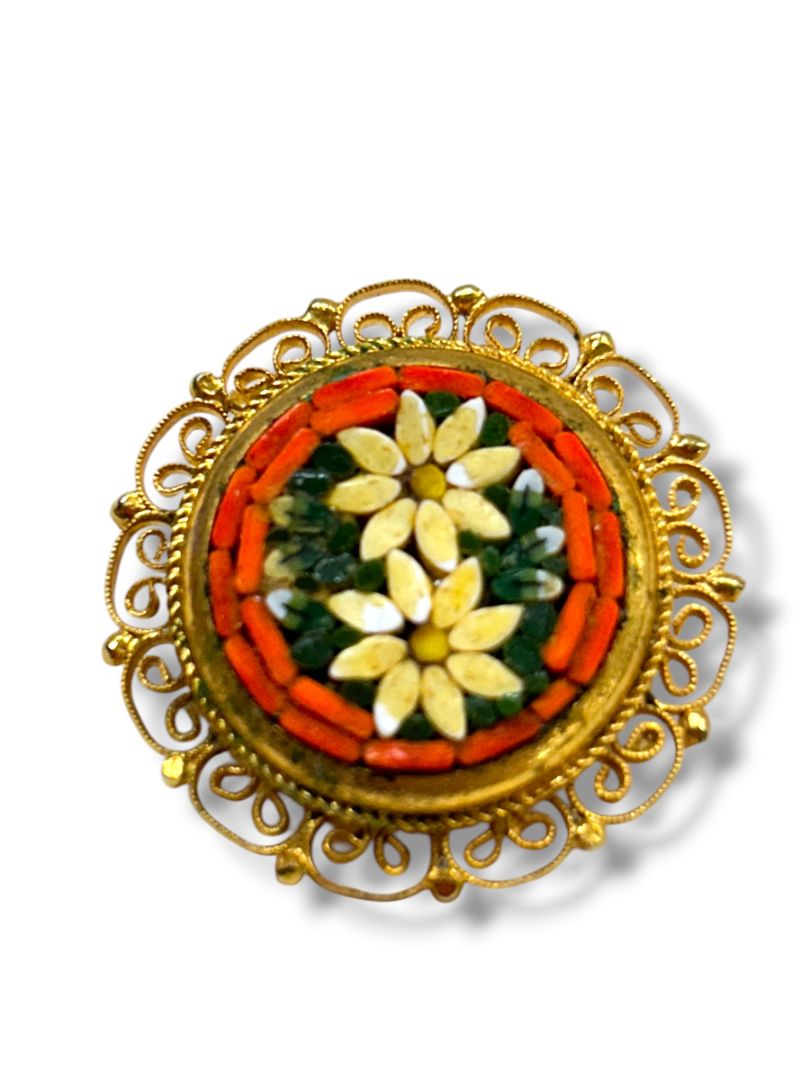 Vintage Micro Mosaic Brooch Pin Goldtone Filigree Daisy Italy 1.5"