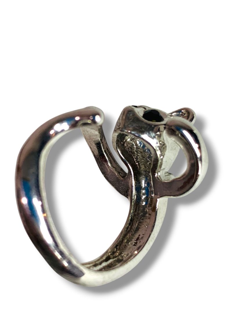 Size 9 Silvertone Cat Ring Figural Black Eyes