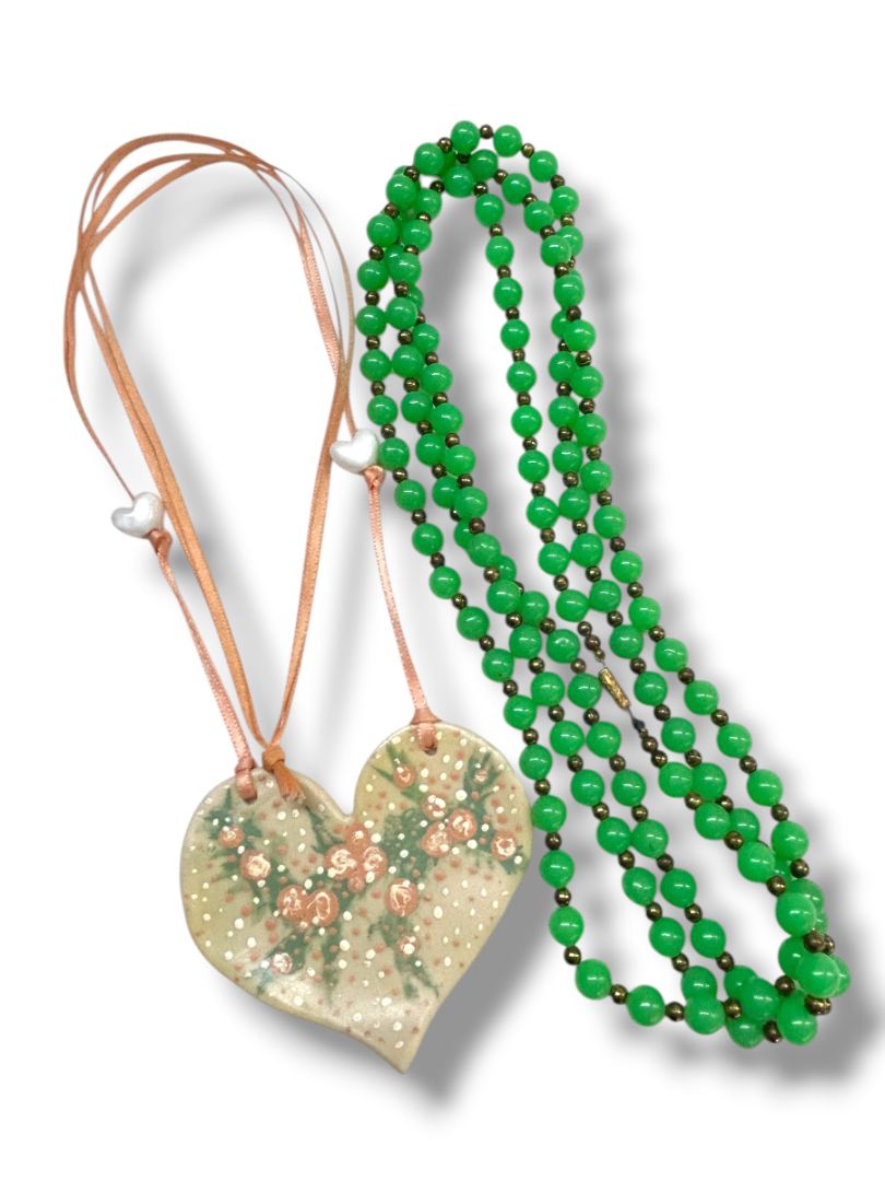 2 Vintage Necklaces Clay Heart 3" on Ribbon Mauve Ribbon Green Acrylic Strand String 54"