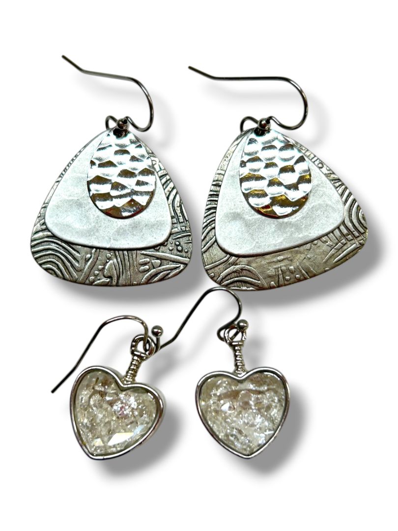 2 Pair Silvertone Pierced Fishhook Earrings Heart 1" Textured Triangle 1.5" Drop