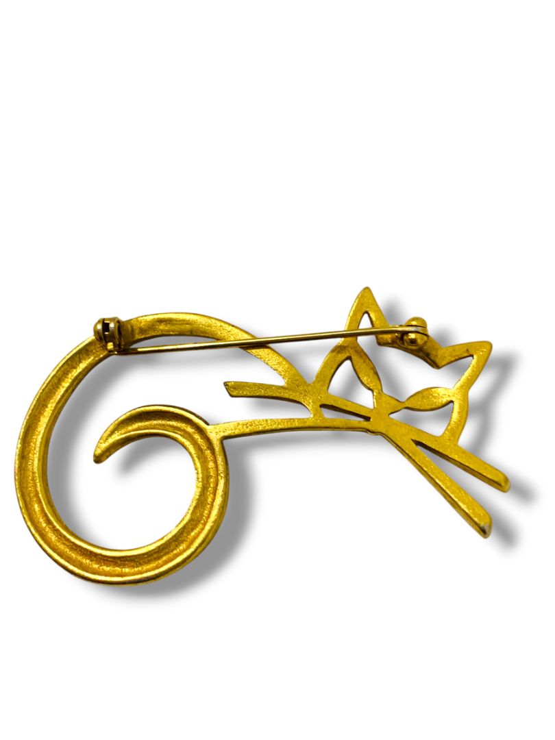 Matte Goldtone Modernist Cat Brooch Pin Open Design 2.4"