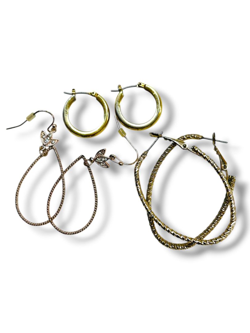 3 Pair Vintage Earrings Circle Hoop Goldtone Latchback Fishhook .75"-2" Drop