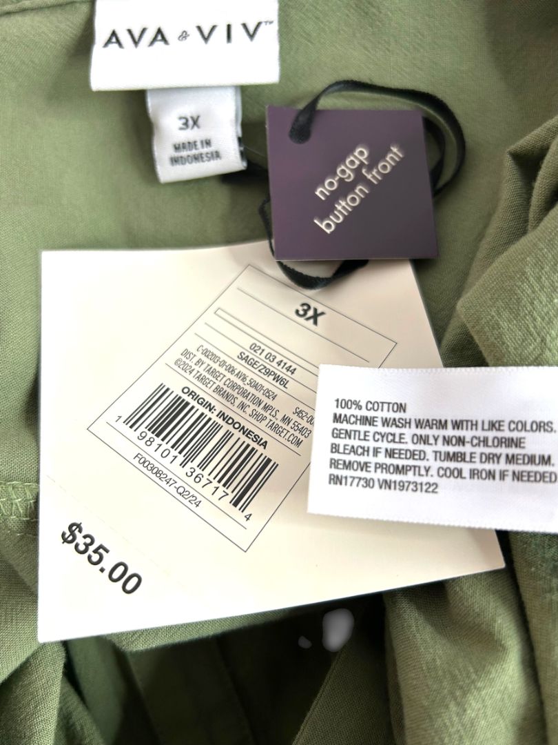 3X Ava & Viv Plus Size Sage Green Belted Cotton Shirtdress New Pockets