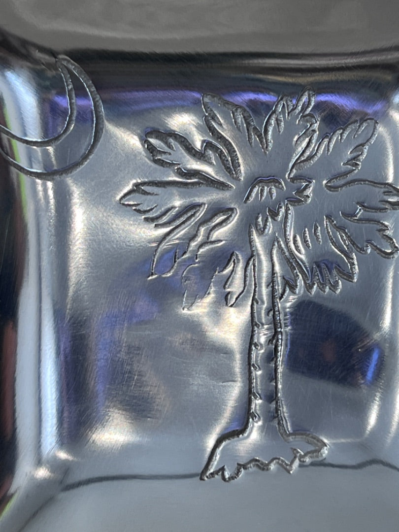 India Handicrafts Palm Tree Moon Silver Tone 9 Metal Tray Trinket Dish Napkin Holder Carolina 6" x 6"