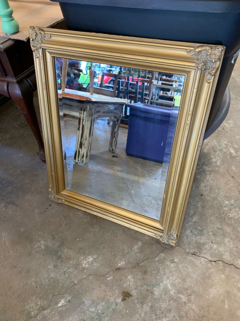 Antique Wooden Gold Wall Hanging Beveled Mirror 25.5" x 21"