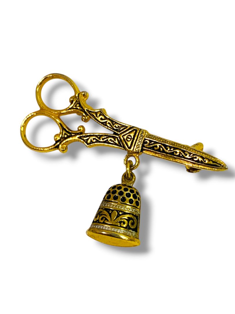 Thimble Pair of Scissors Damascene Spain Vintage Toledo Gold Brooch Pin Spain