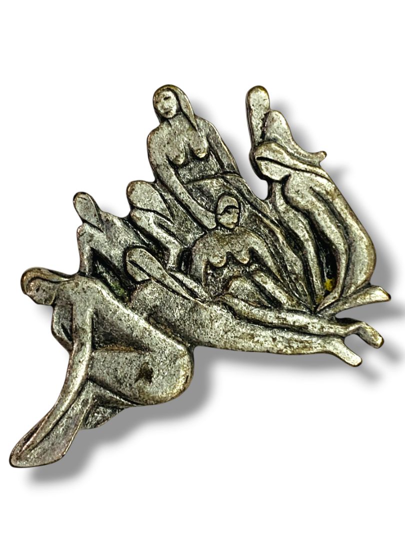 Vintage Signed PMA Lapel Pin Antiqued Silvertone Female Nudes