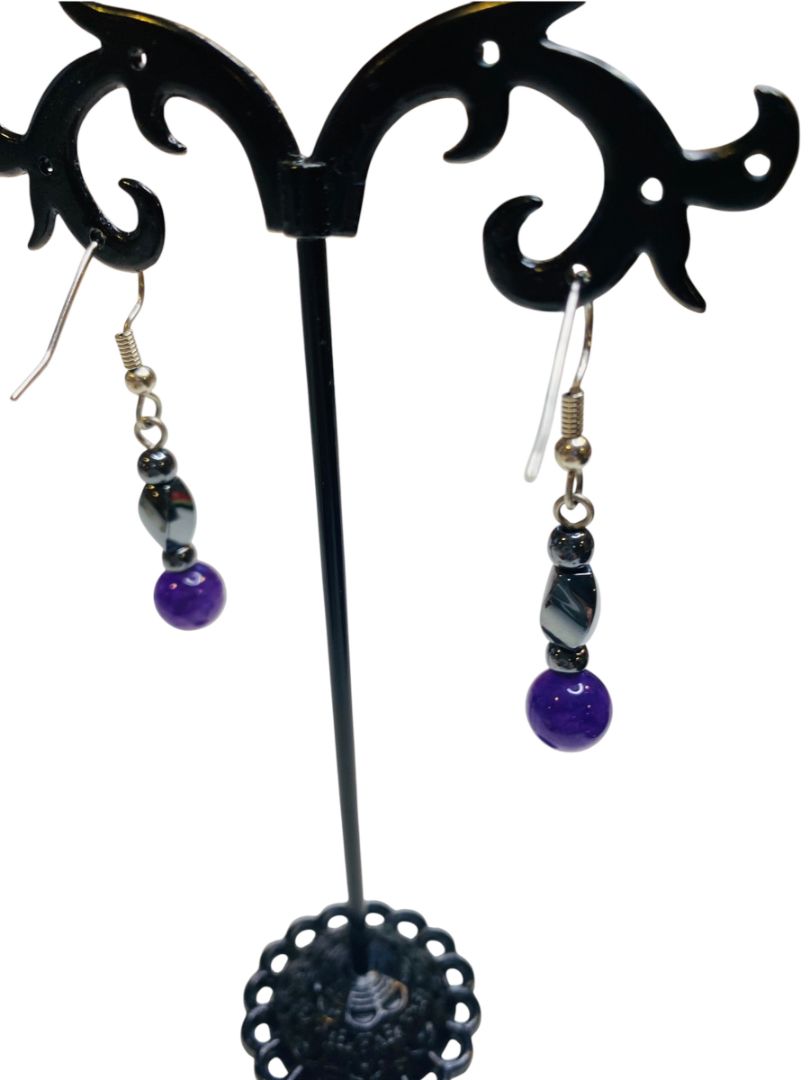 Silvertone Beaded Fishhook Earrings Pierced Purple and Hematite 1.75" Drop