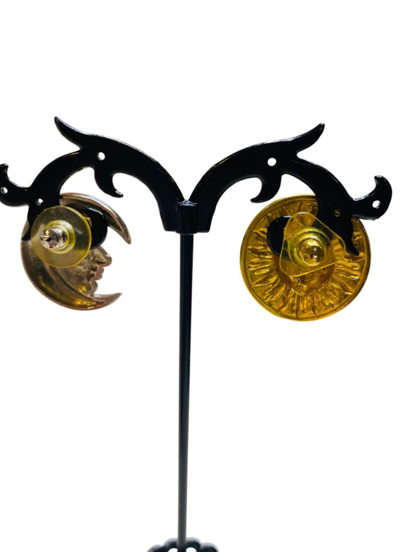 Silvertone Moon and Goldtone Sun Post Pierced Earrings 1" Diameter