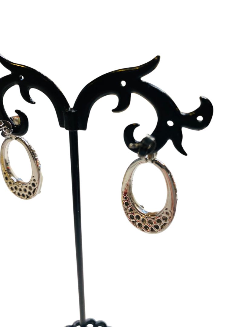 Silvertone and Ivory Color Enameled Sparkly Pierced Earrings 1.25" Drop