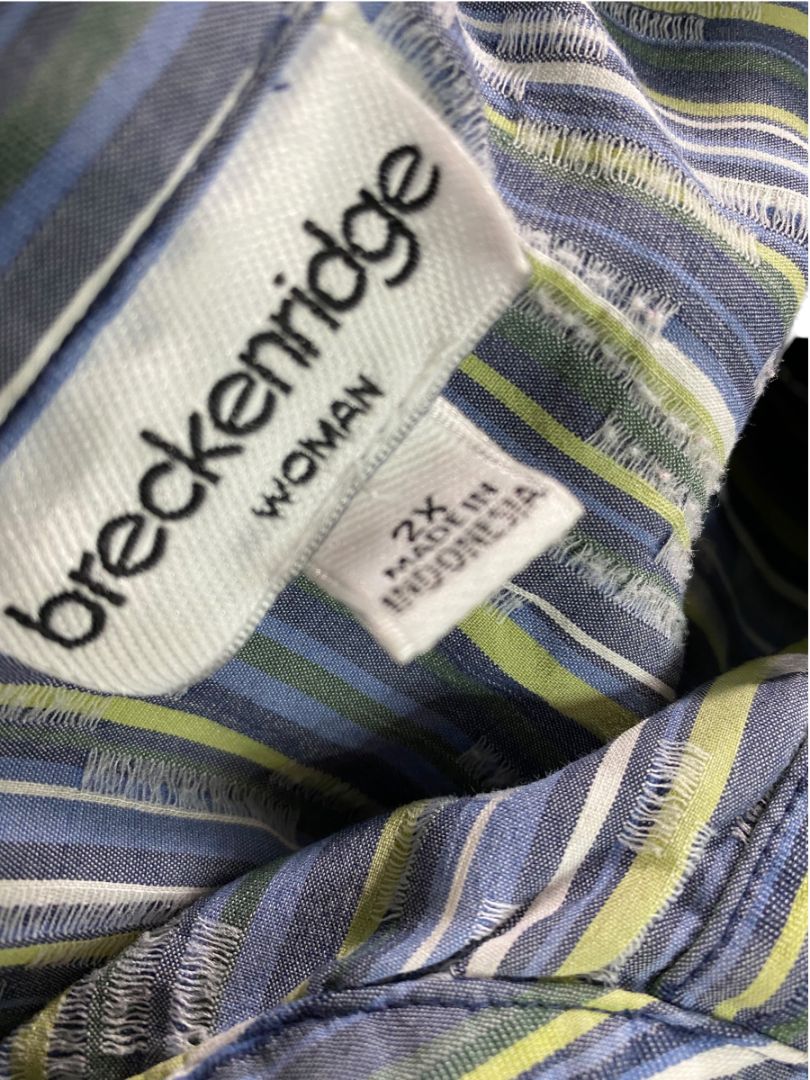 Size 2X Breckenridge Woman Striped Button Up Shirt Blue Green