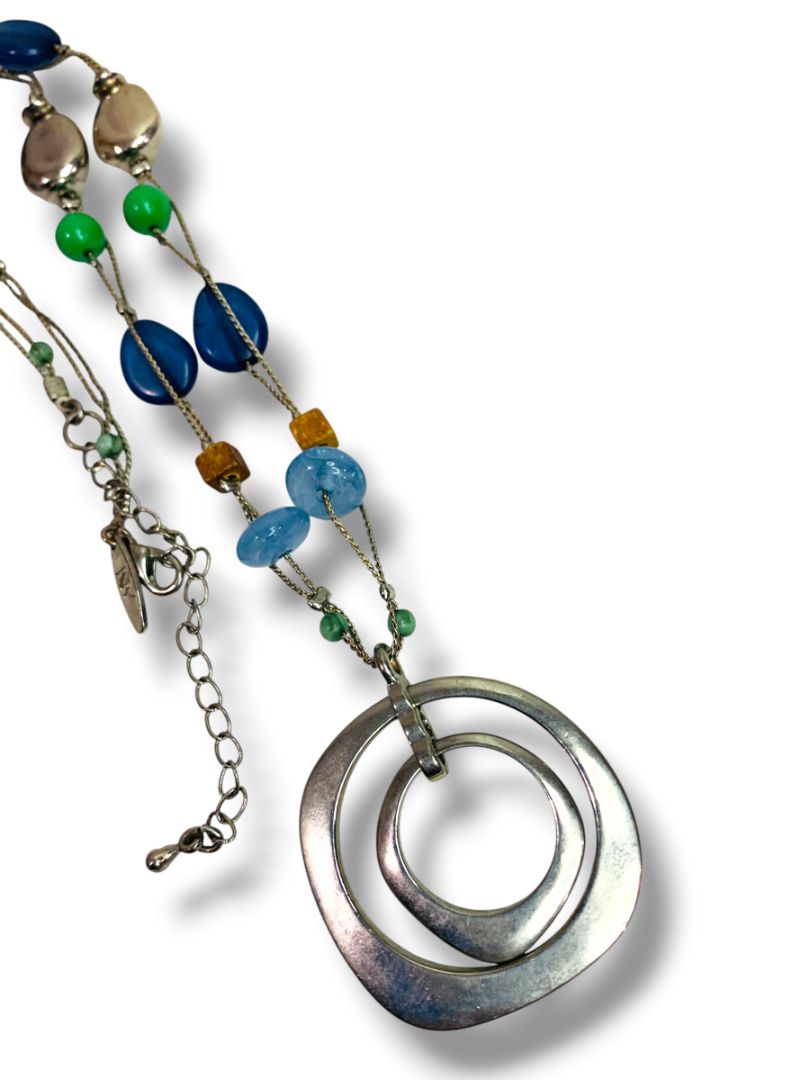 New York & Co Silvertone Pendant Necklace Beaded Blue Chain 20-23"