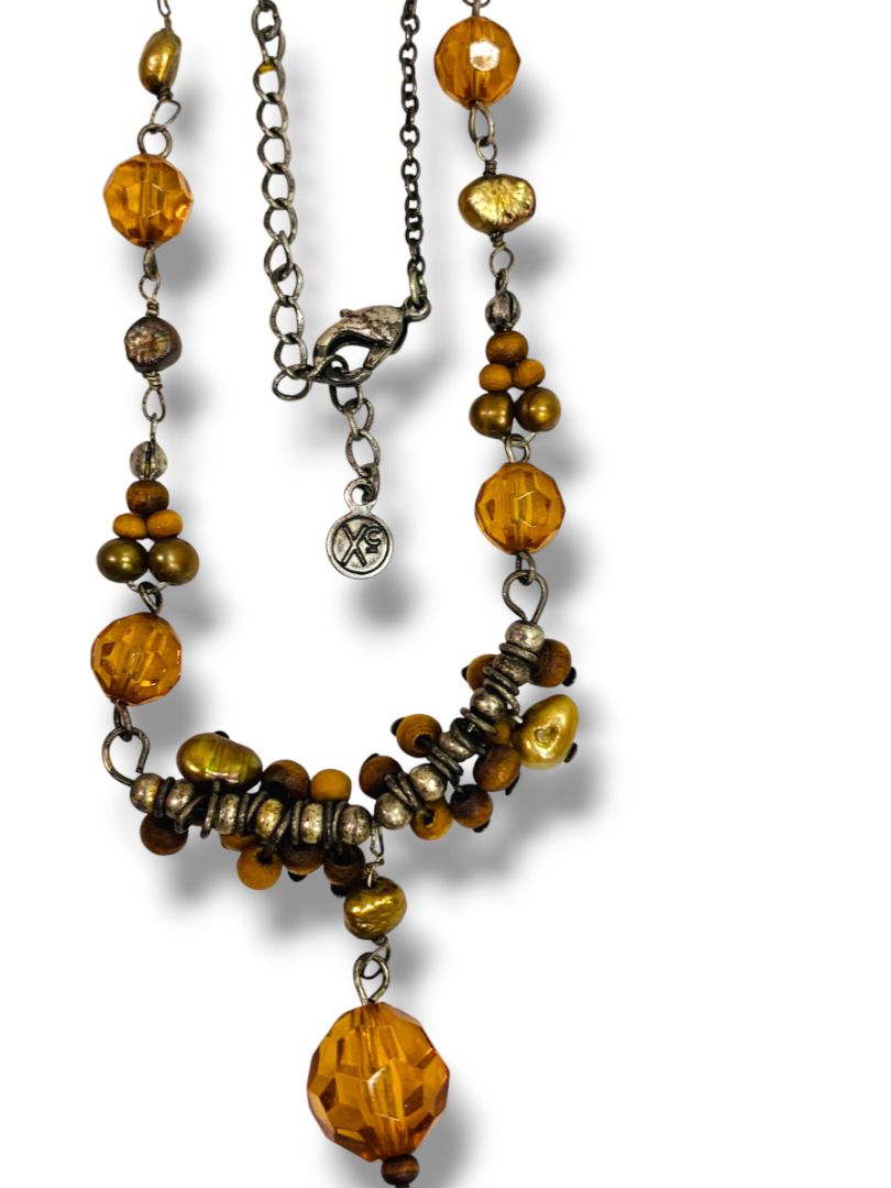 Antiqued Silvertone Necklace Beaded Pendant 16"+2" Extend Boho