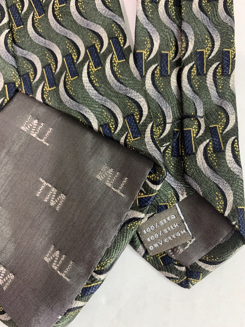 Today's Man Mens Silk Necktie 58" Green Blue Silver Squiggles 4"