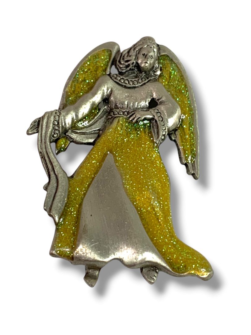 Vintage Angel Brooch Yellow Sparkle Resin Silvertone 2.25"h