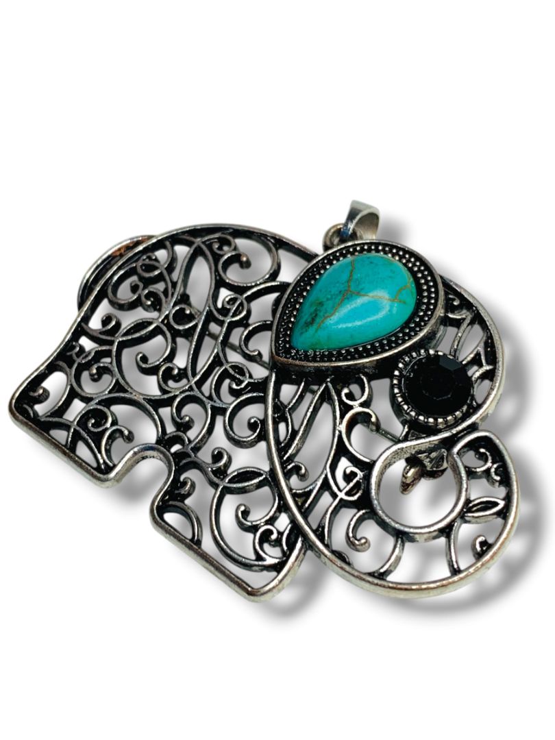Vintage Scroll Turquoise Silvertone Pendant Brooch Scroll 2" Lucky