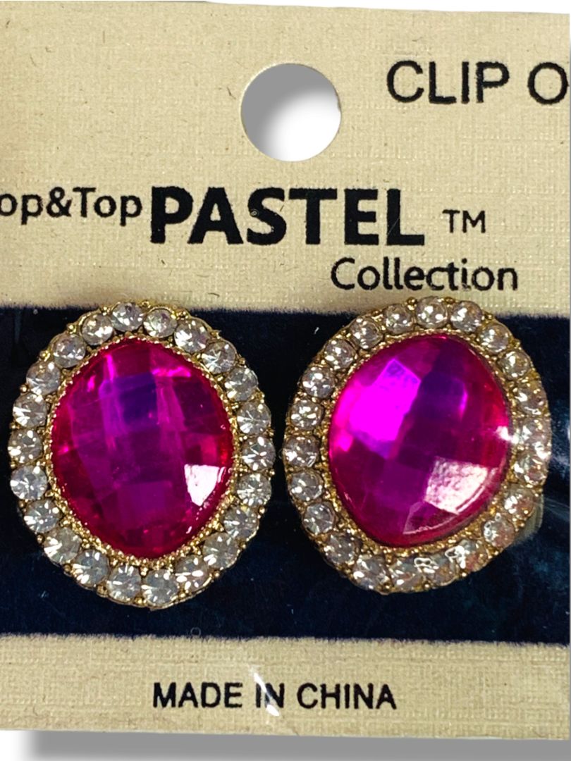 Top&Top Clip On Earrings Fuchsia Rhinestones Non-Pierced New .7" Diameter
