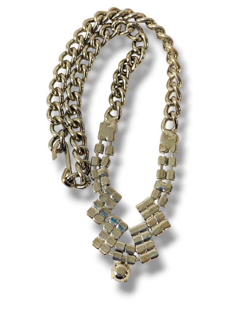 Silvertone Rhinestone Necklace Hook Closure Geometric 14"