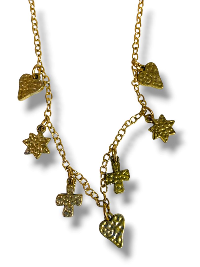 Goldtone Charm Necklace Stars Cross Heart 16" + 3" Extender