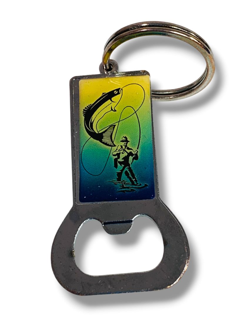 Keychain Bottle Opener Fly Fisherman Key Ring Blue Yellow Silvertone