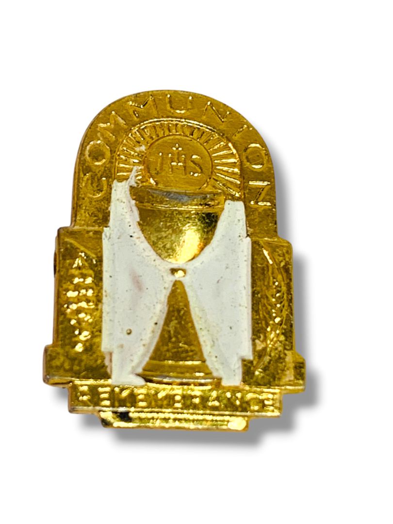 First Holy Communion Pin Goldtone White Commemorative .75"