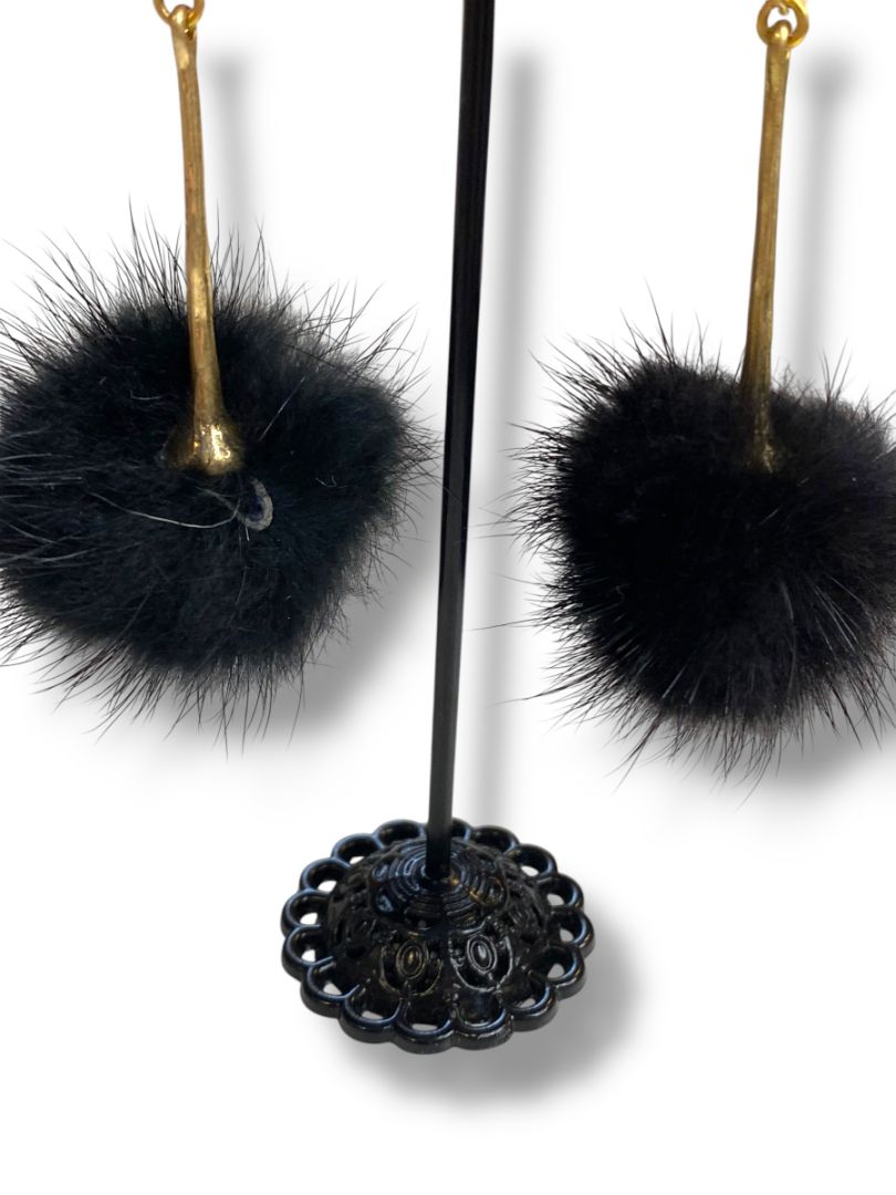 Black PomPom Pierced Post Earrings Goldtone 2.75" Drop